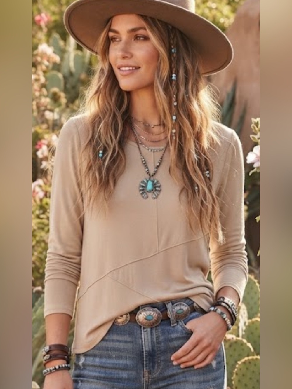 Tahari Beige Long Sleeve Tee Seam Detail Classic Casual Layering Large Boho NWT